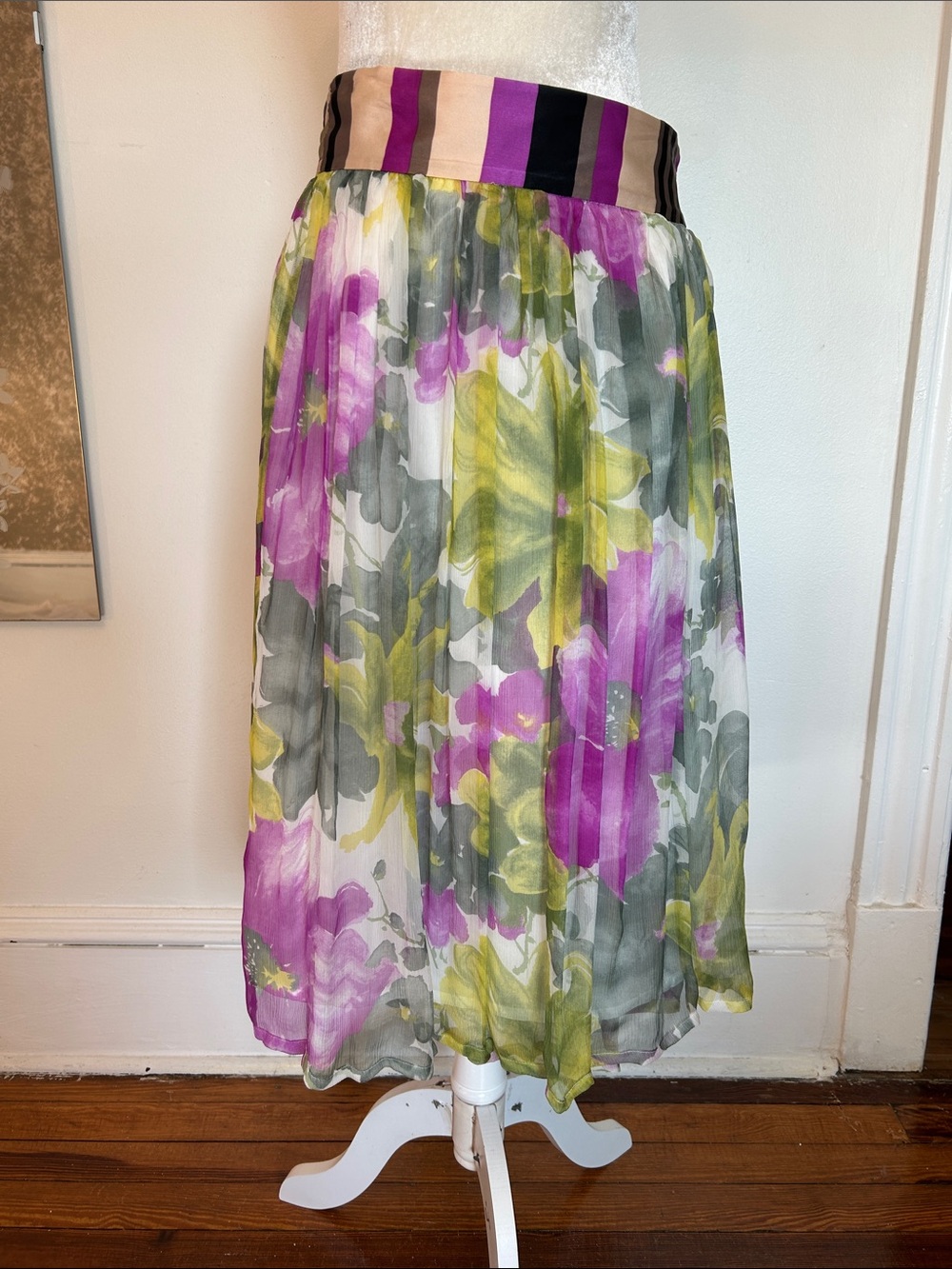 Floral Pleated Midi wrap around Skirt in Purple and Green